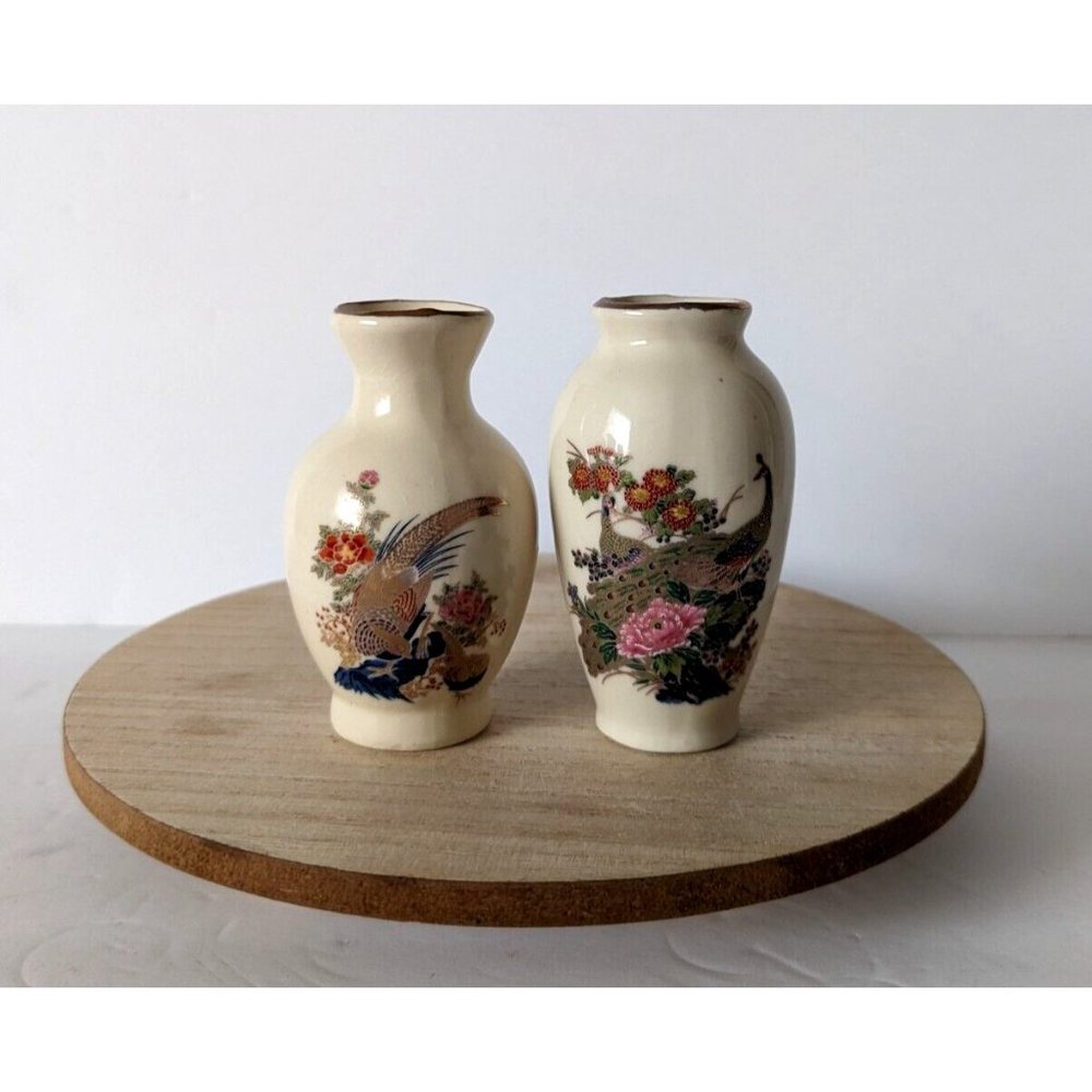Vintage Japanese Ceramic Mini Vases Double 2 Peacock Cream Floral Postmodern